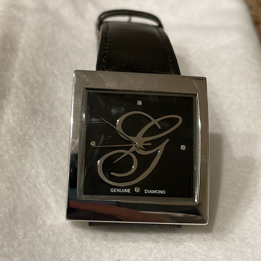 Japan Movement Stainless Steel Script initial G  Quarts Watch 4 Genuine Diamonds